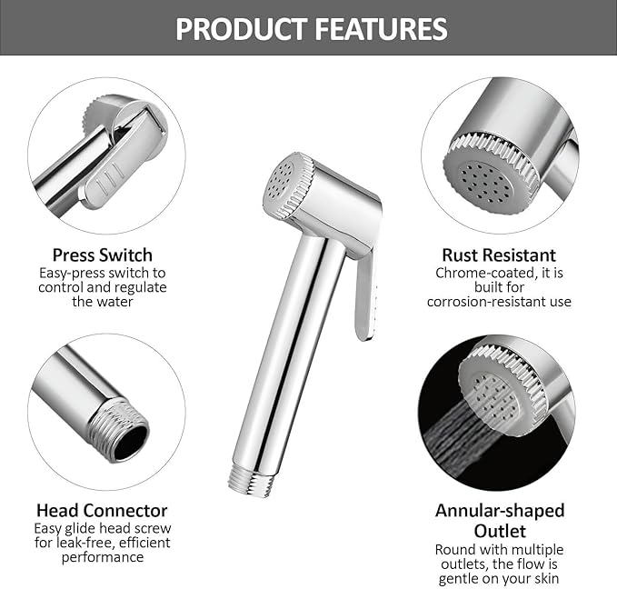 ABS Health Faucet with 1 Mtr Hose Pipe & Wall Hook, Toilet Bidet Sprayer Set, Faucet for Toilet, Jet Spray for Toilet, Health Faucet Set, Toilet Shower Health Faucet Set, Chrome