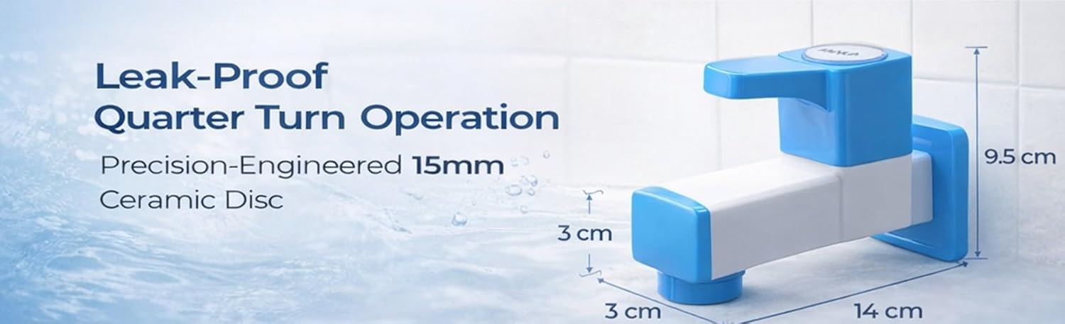 PTMT Square Bib Cock Tap | 15mm Cartridge | Rust-Free Bathroom Tap | Quarter Turn Wall Mount Faucet | Suitable for Hot & Cold Water (White & Blue)