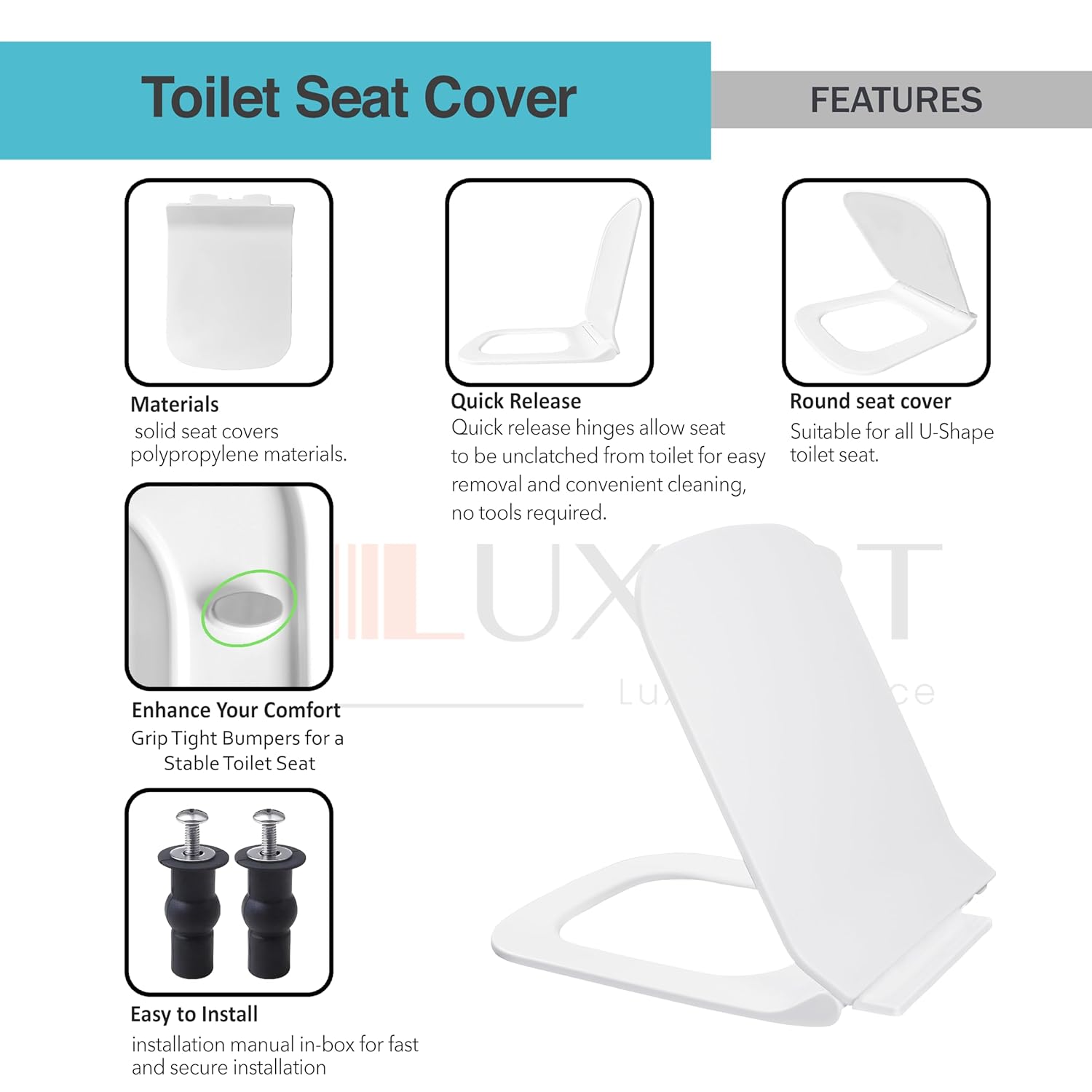 Toilet Seat Cover 44L x 34W CM| Western Commode Squaricle Seat Cover | Soft Close Technology Heavy Quality Commode Lid With Installation Kit | Plastic Toilet Cover For Bathroom, Commercial Use