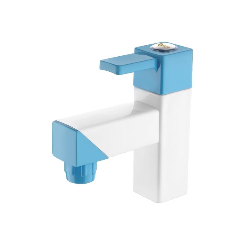 PTMT Pillar Tap | Anti Rust Deck Mounted Sink Faucet with Water-Saving Aerator | Durable Plastic Bib Cock Water Tap for Home, Wash Basin, Bathroom, Kitchen, Home and Office Use (Blue-White)