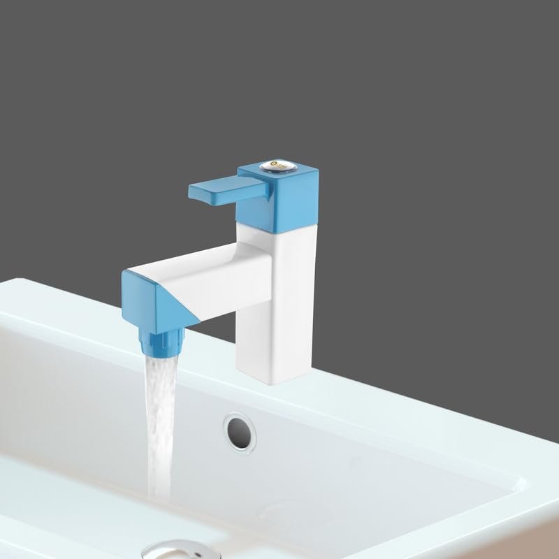 PTMT Pillar Tap | Anti Rust Deck Mounted Sink Faucet with Water-Saving Aerator | Durable Plastic Bib Cock Water Tap for Home, Wash Basin, Bathroom, Kitchen, Home and Office Use (Blue-White)