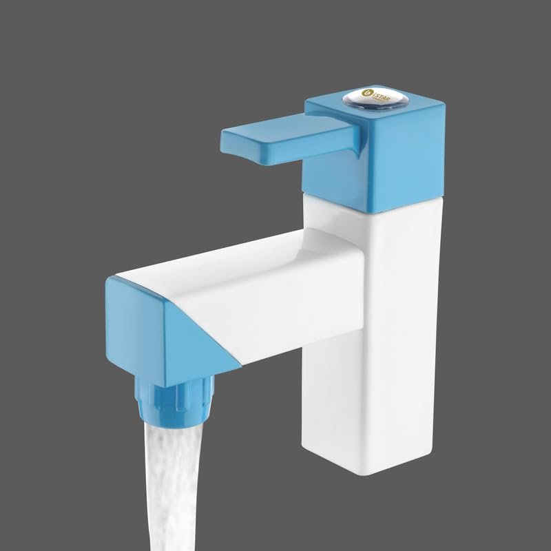 PTMT Pillar Tap | Anti Rust Deck Mounted Sink Faucet with Water-Saving Aerator | Durable Plastic Bib Cock Water Tap for Home, Wash Basin, Bathroom, Kitchen, Home and Office Use (Blue-White)