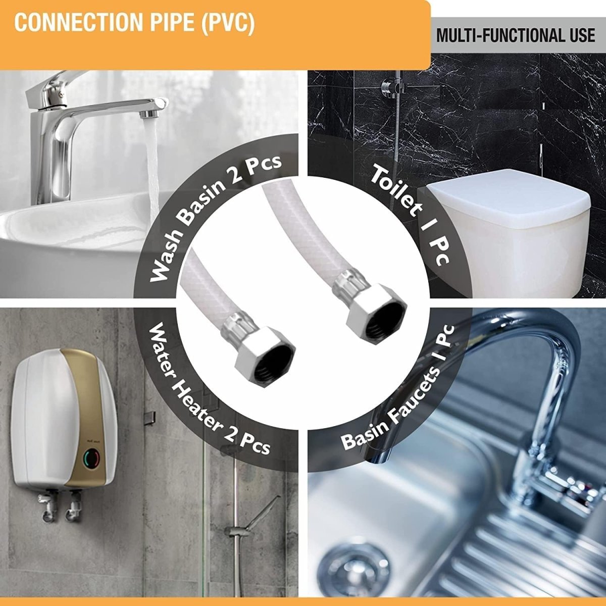 PVC Connection Pipe with SS Nuts, Suitable for Hot & Cold Mixer Faucets For Basins and Kitchen Sinks, Geysers, Flush Tanks