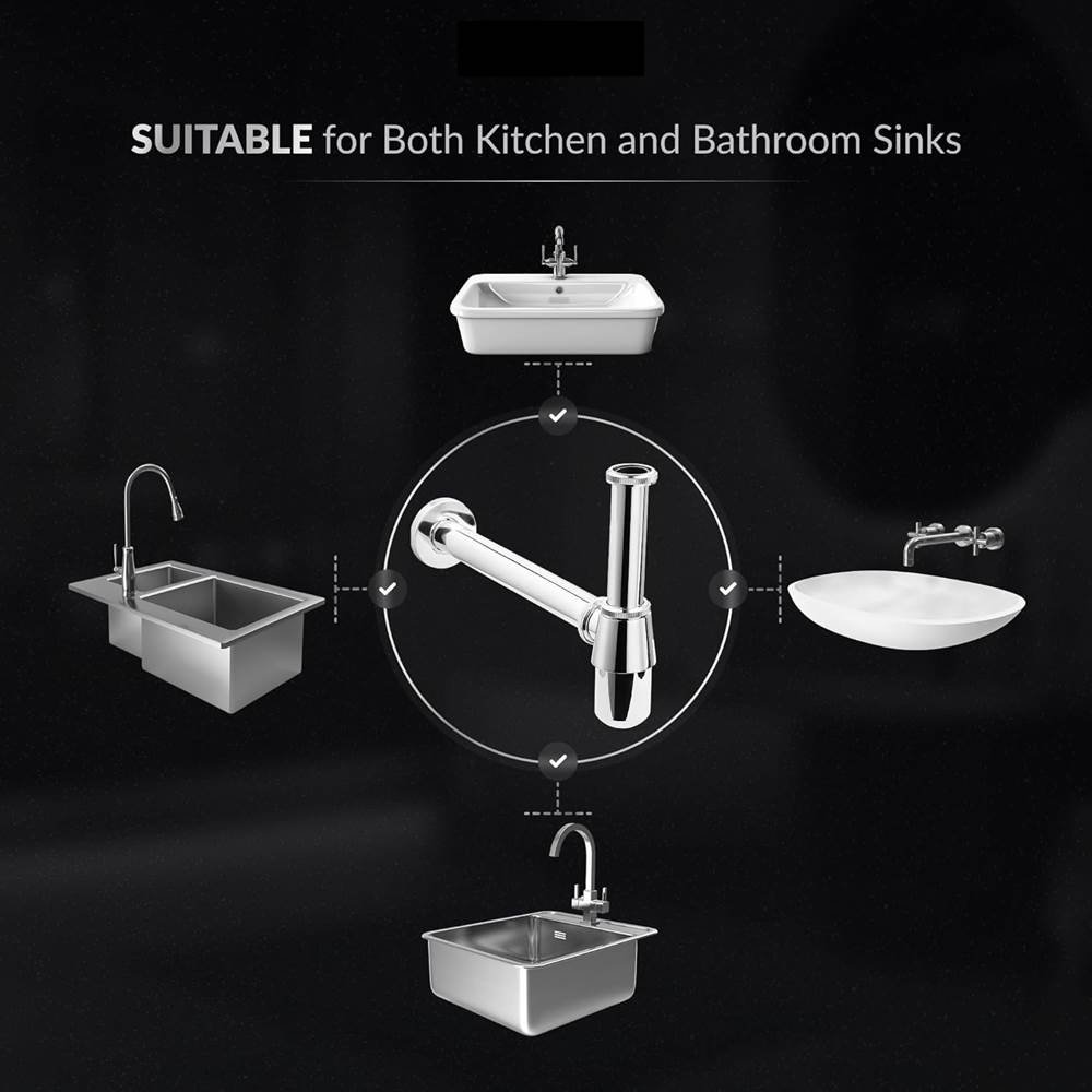 Bottle Trap, Brass Body with Stainless Steel Pipes, Curved, for Sinks and Wash Basins