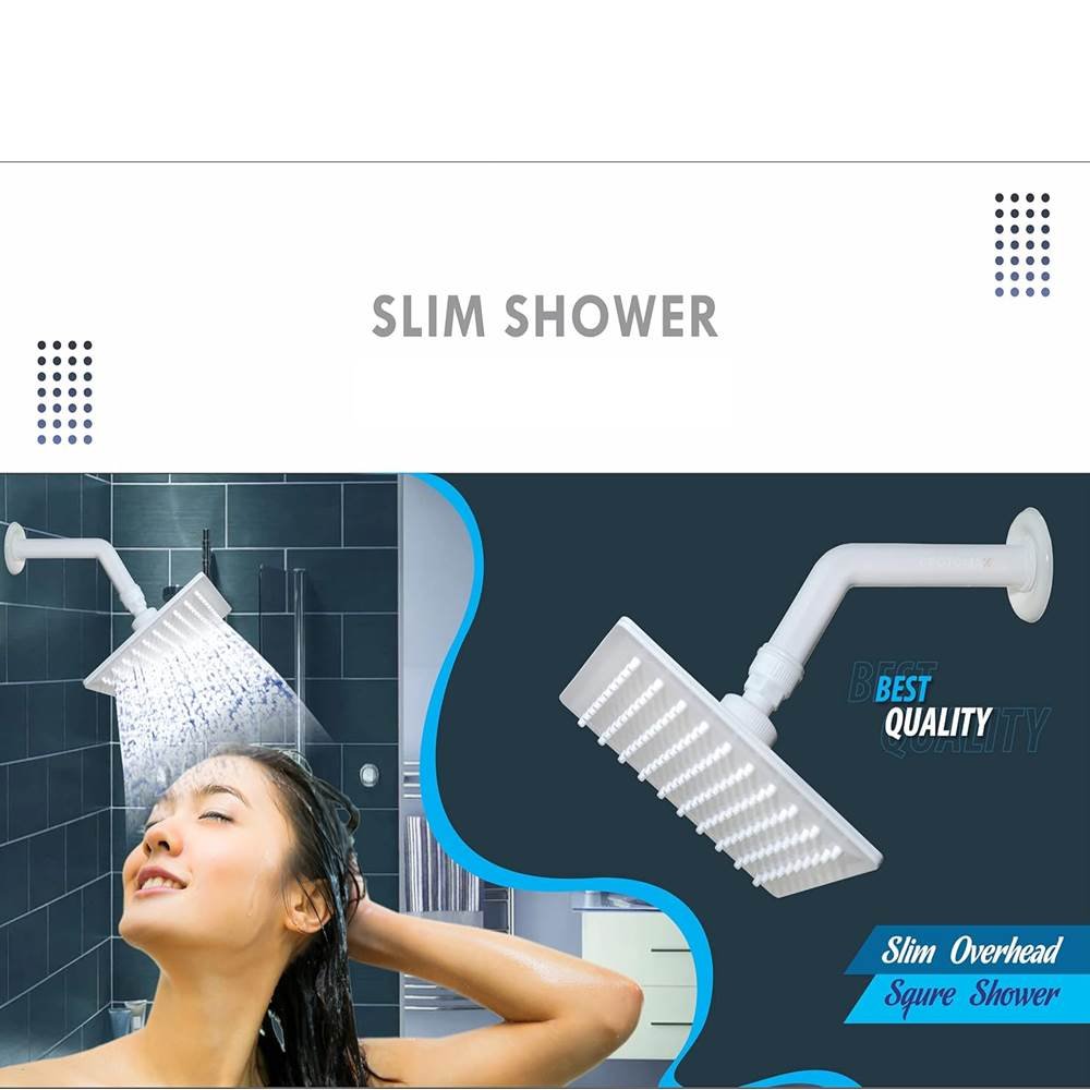 ABS Over Head Shower Ultra Slim With Arm Square (4 X4 INCH), Bath Shower Head Set, Pressure Rain Shower Head (Milky White)