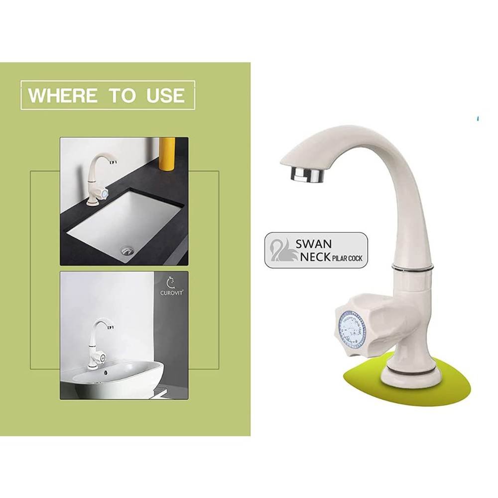 PVC Polo Swan Neck Tap Wall Mounted White Plastic Swinging Spout for Wash Basin Quarter Turn Tap - Pack of 1, Chrome