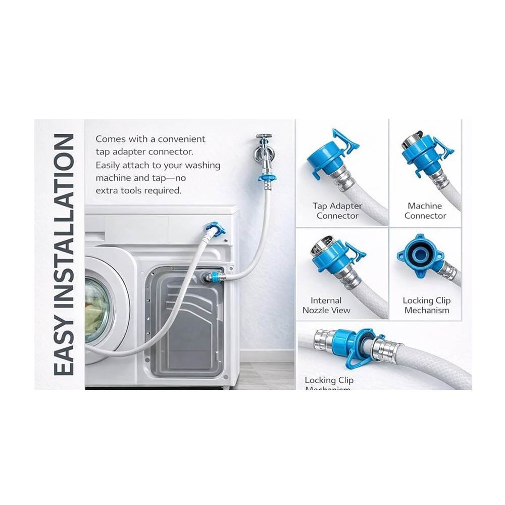 Fully Automatic Flexible Washing Machine Inlet Hose water pipe, with Tap adaptor Connector for Top & Front Load Fully Automatic Washing Machine